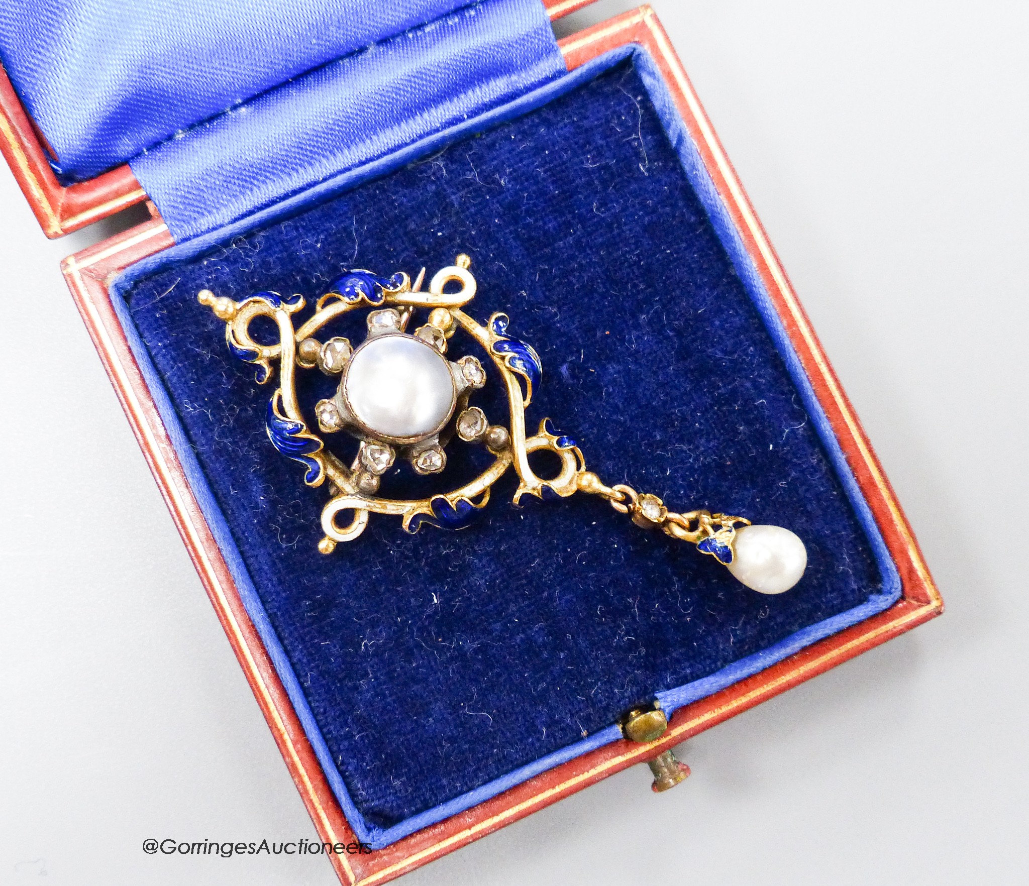 A 19th century continental yellow metal enamel, split and baroque pearl and rose cut diamond set drop pendant (adapted), 6cm, gross 9.1 grams.